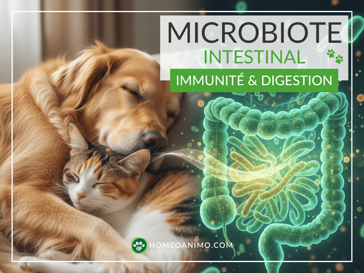 Chien Golden Retriever et chat calico endormis et blottis, avec une illustration en néon du système intestinal et du microbiote affichant les mots « Microbiote Intestinal » et « Immunité & Digestion ».