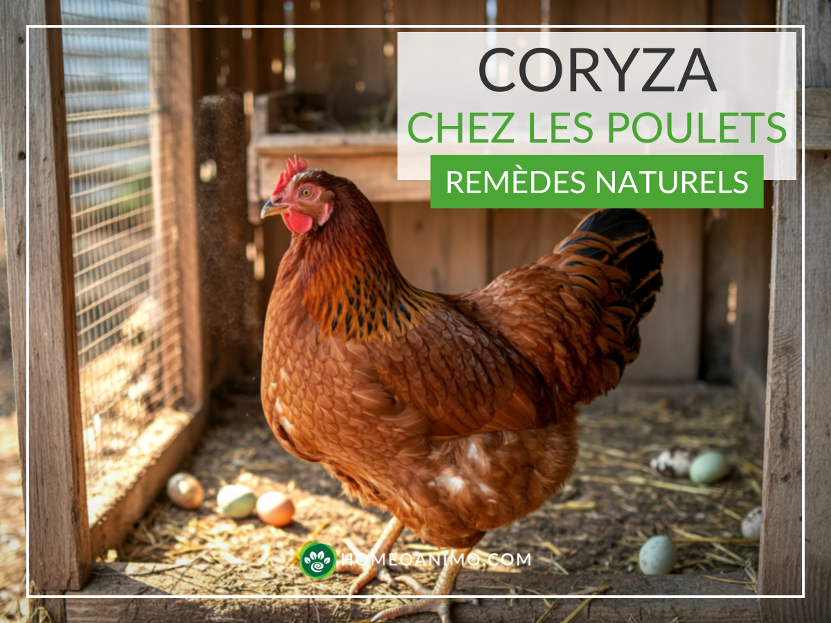 Poule dans un poulailler avec texte : Coryza chez les poulets, remèdes naturels.