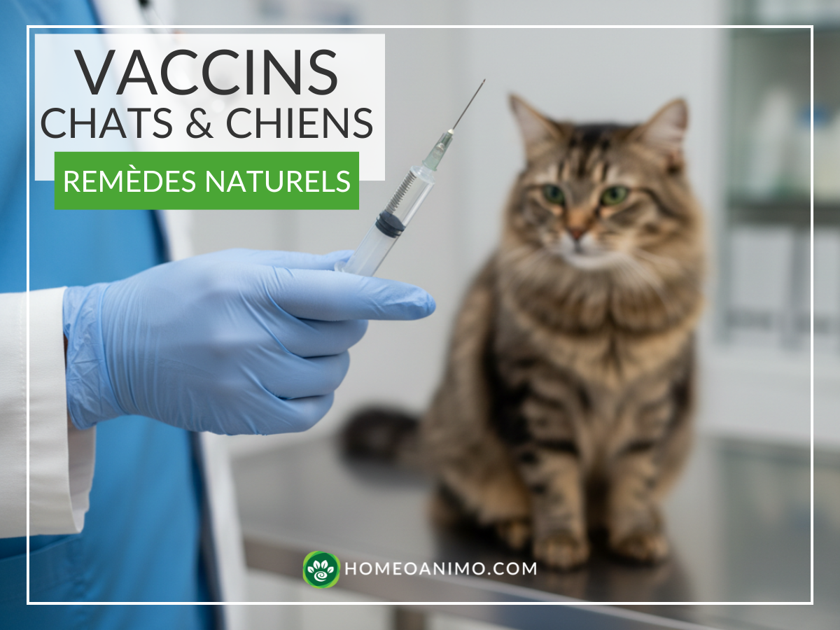 Un vétérinaire portant des gants bleus tenant une seringue au premier plan, avec un chat à poil long assis en arrière-plan. Texte superposé : "VACCINS CHATS & CHIENS - REMÈDES NATURELS".