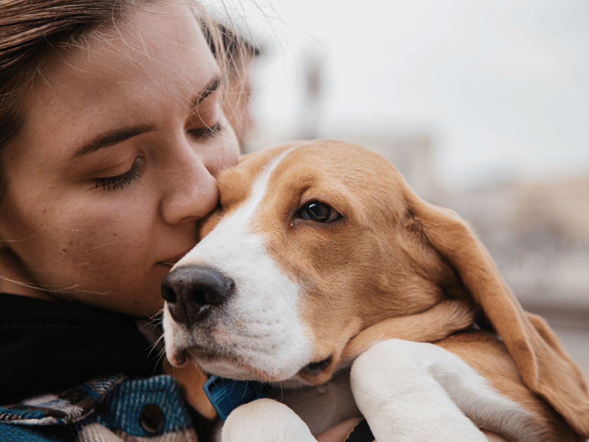 Une propriétaire d'un chien beagle atteint d'épilepsie qui colle son chien dans ses bras. Ce chien a vu son espérance de vie s'améliorer grâce aux produits naturels d'HomeoAnimo.