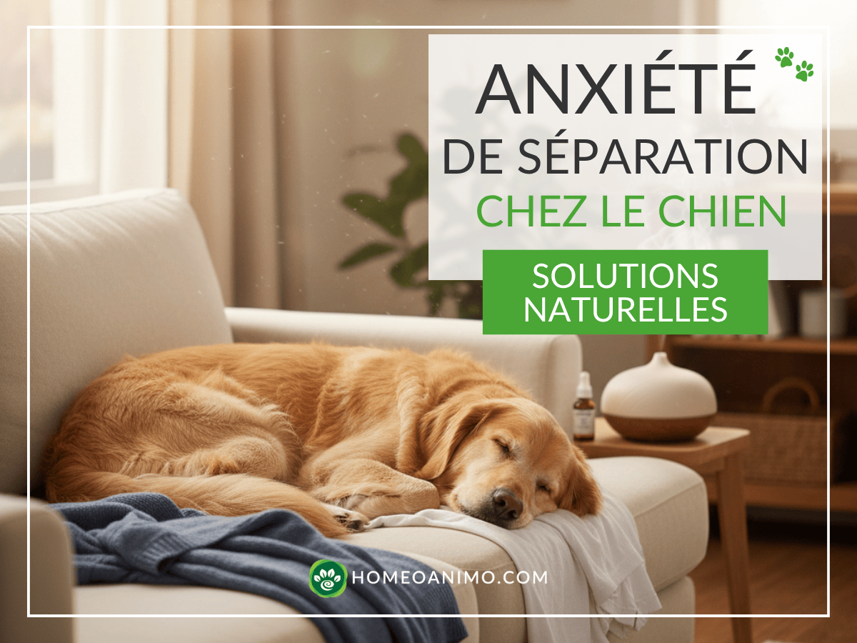 Chien Golden Retriever dormant paisiblement sur un canapé près d'un diffuseur d'huiles essentielles, illustrant les solutions naturelles pour l'anxiété de séparation.