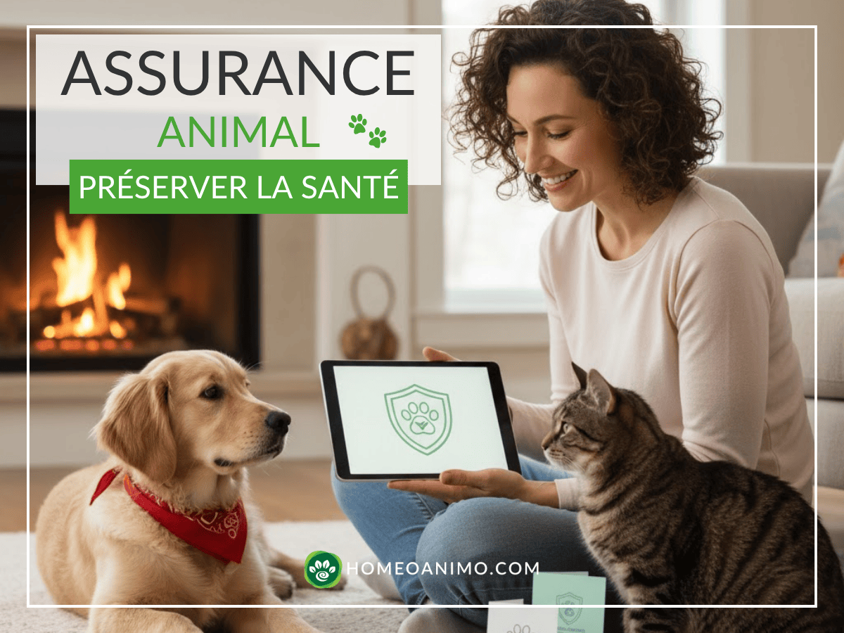 Une femme souriante avec son chien et son chat, tenant une tablette affichant un bouclier de protection. Texte: 'ASSURANCE ANIMAL PRÉSERVER LA SANTÉ'.