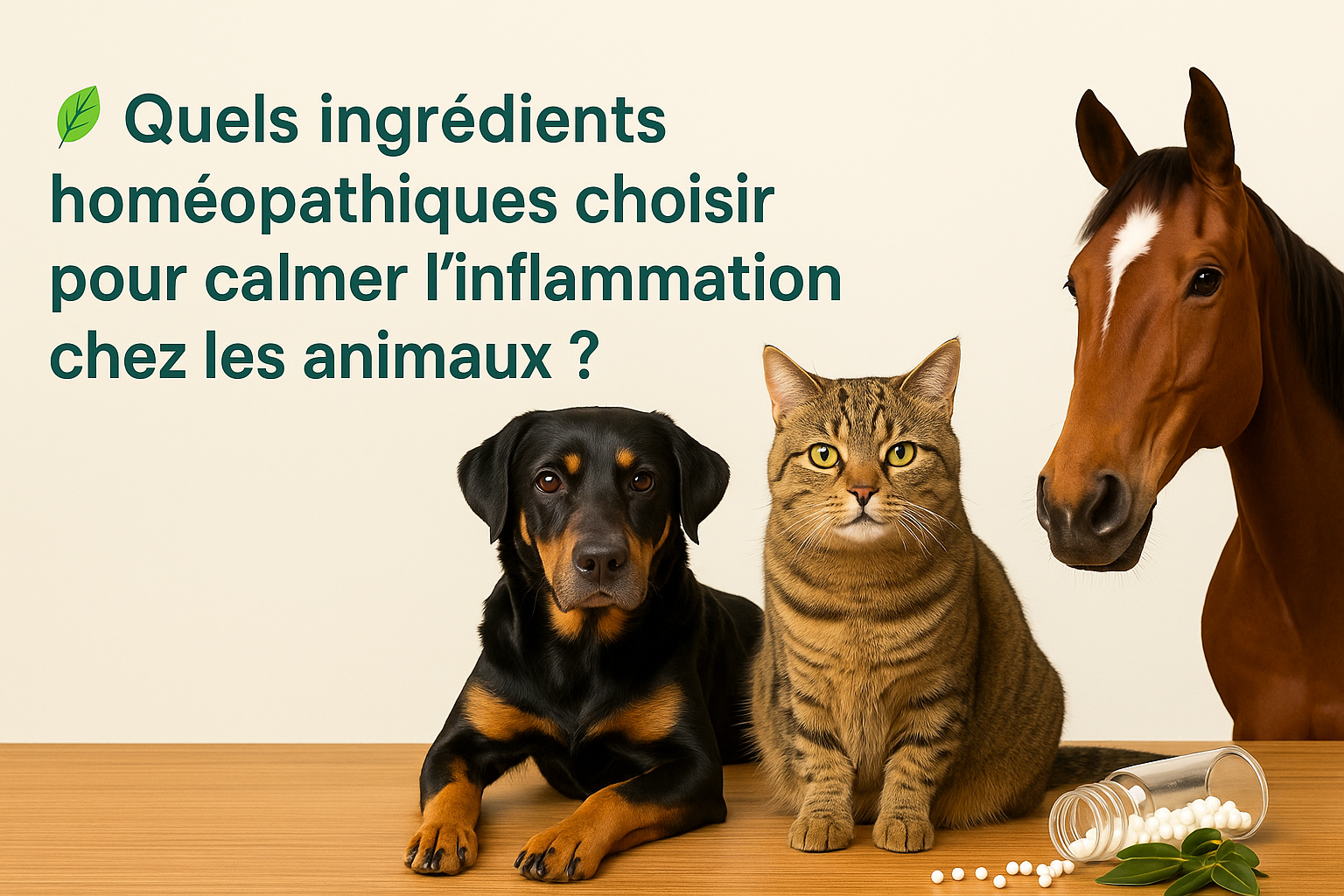 Trois animaux – un chien, un chat et un cheval – posent devant un flacon d’homéopathie renversé, avec le texte : “Quels ingrédients homéopathiques choisir pour calmer l’inflammation chez les animaux ?