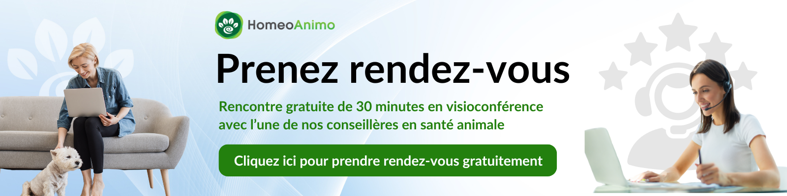 Bannière avec une femme avec son chien qui prend un rendez-vous avec HomeoAnimo sur son ordinateur. Une agente de HomeoAnimo répond à la dame.