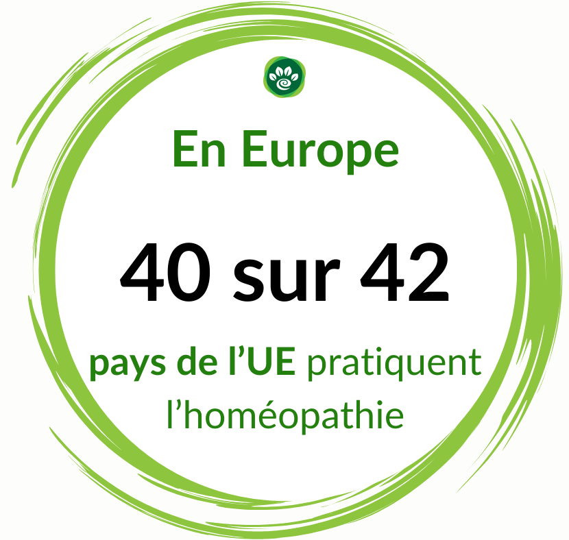 Dans un cercle vert, on retrouve cette statistique sur l'homéopathie "En Europe, 40 sur 42 pays de l'UE pratiquent l'homéopathie".