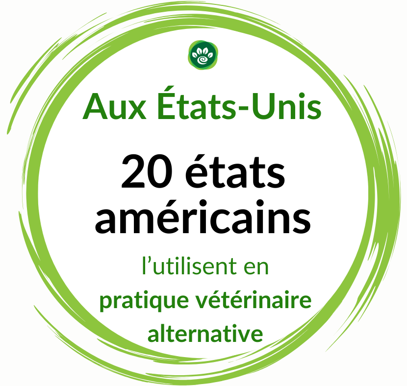 Dans un cercle vert, on retrouve cette statistique sur l'homéopathie "Aux États-Unis, 20 états américains l'utilisent en pratique vétérinaire alternative."
